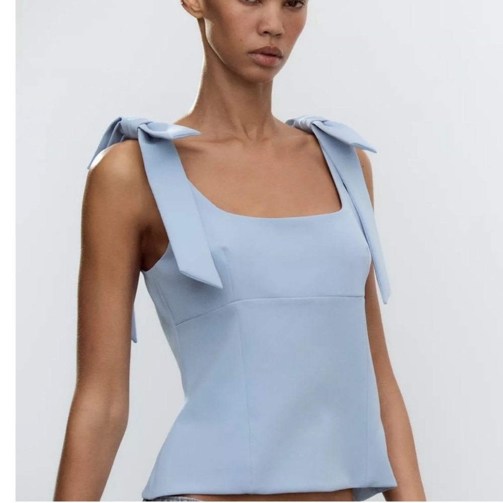 Zara Light Blue Sleeveless Top with Bow Straps